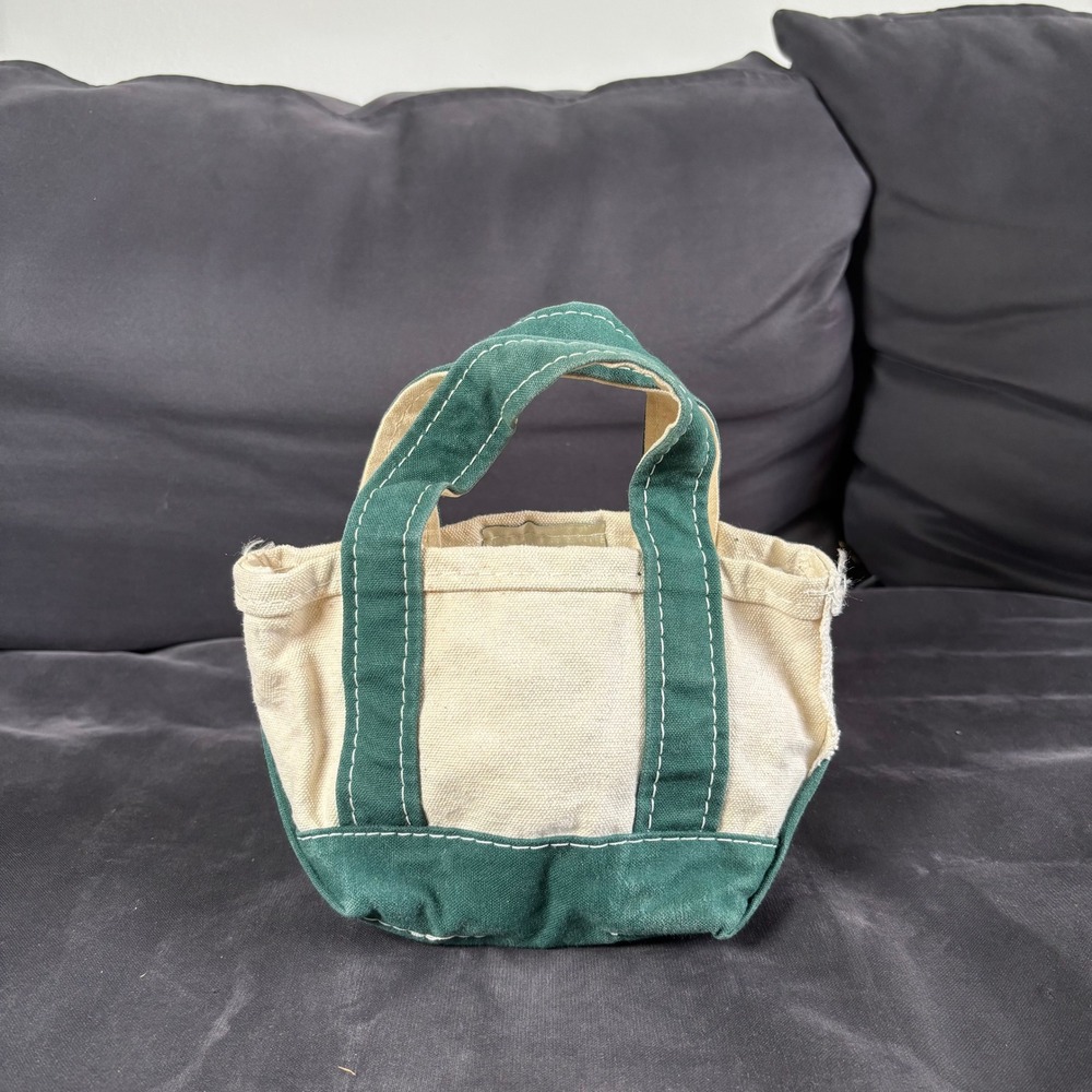 LL Bean Boat and Tote Mini Canvas Bag Green Cream Small Accessory Pouch